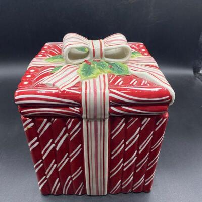 Peppermint Stick Gift Box Ceramic Lidded Cookie Jar