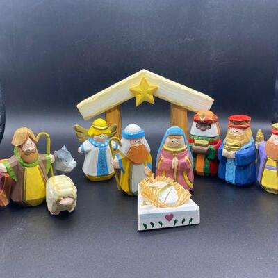 Painted Wood Nativity Scene