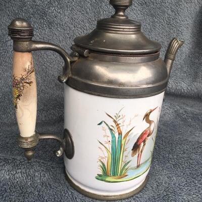 Rare 19th Century Painted 9” Granite Ware Coffee Tea Pot with Pewter