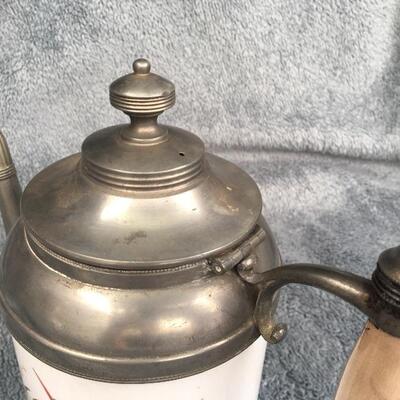 Rare 19th Century Painted 9â€ Granite Ware Coffee Tea Pot with Pewter