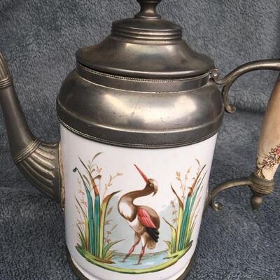 Rare 19th Century Painted 9â€ Granite Ware Coffee Tea Pot with Pewter