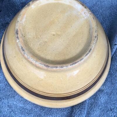 Antique 10” Banded Yellow Ware Bowl and 9” Bun Cake Mold