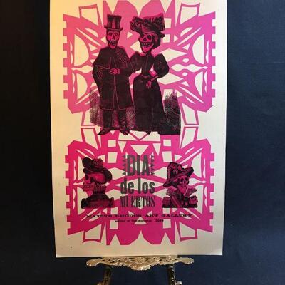 Vintage Dia de los Muertos silkscreened poster from Mattie Rhodes Art Gallery - original yet classic