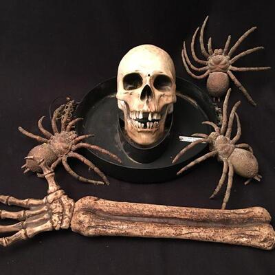 Halloween Skull serving platter w battery powered articulation, skeletal arm & 3 giant spiders.