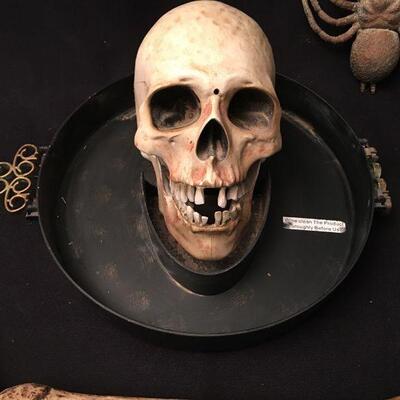 Halloween Skull serving platter w battery powered articulation, skeletal arm & 3 giant spiders.