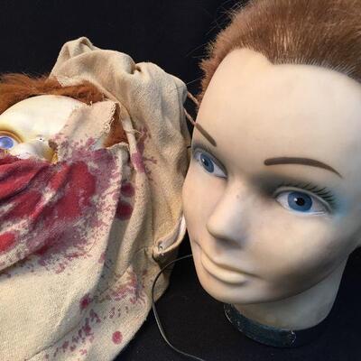 Spooky lot of 2 life-size Halloween heads mannequin + zombie staring eyes.