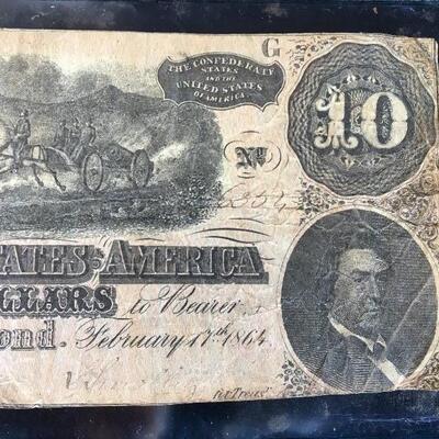 1864 Confederate Note $10 Bill - Richmond, VA
