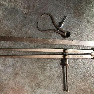 143: Vintage Starrett Thickness Gage, Divider, and Calipers
