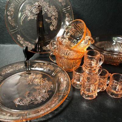 7: Vintage Pink Depression Glass with Floral Etching