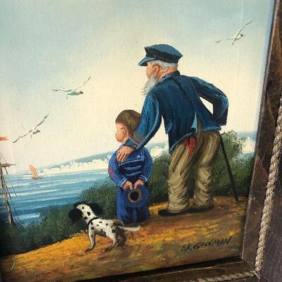 39: Vintage Original Oil- Old Salt with Young Sailer Boy and Dog
