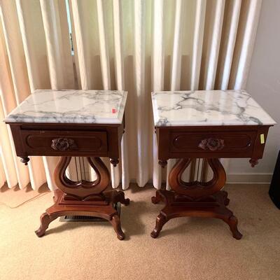 LOT 263 Pair Victorian Rosewood Tables Carrera Marble Tops Reproductions 