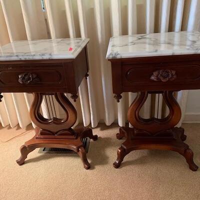 LOT 263 Pair Victorian Rosewood Tables Carrera Marble Tops Reproductions 