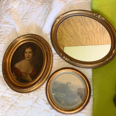 LOT 271 Oval & Round 3 Framed Pieces Pictures & Mirror