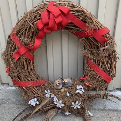 LOT 287 Holiday Door Wreath Grape Vines & Pheasant Feathers