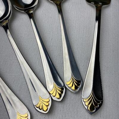 Lot# 2 S Wallace St Regis Gold 18/8 Stainless Flatware Serving Set with Soup Spoons