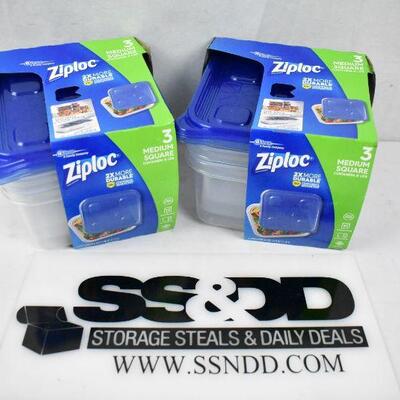 Ziploc Medium Square Food Containers, 2 packages, 3 in each package - New