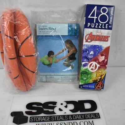3 pc Kids Toys: Basketball, Avengers Puzzle, Pool Ring Float - New