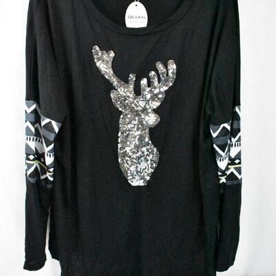 Women's Black Long Sleeve Shirt with Sequin Reindeer. Qearal size XXL - New