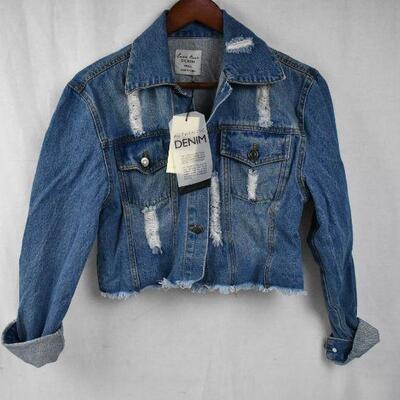 Women's Denim Jacket size Small by Love Tree. Distressed & Cropped - New