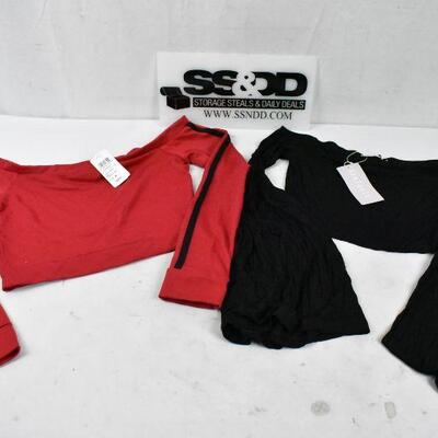 2 Women's Crop Tops, Off the Shoulder & Long Sleeve. Red Medium, Black XS - New