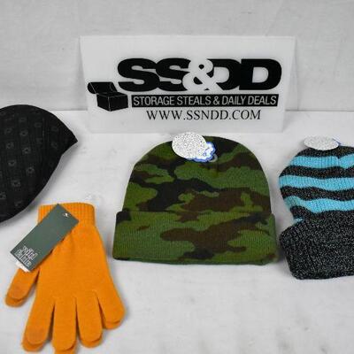 4 pc Cold Weather Accessories: 3 Hats, 1 pair of gloves - New