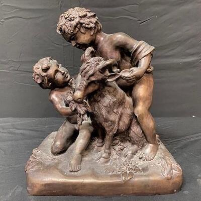 LOT#38: Signed Bronze Sculpture of Children with Goat
