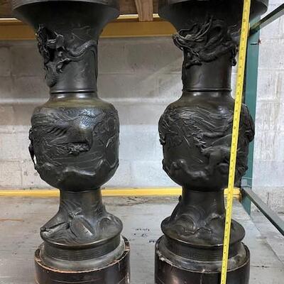 LOT#40: Pair of Believed to be Meiji Period Bronze Very Large (3 ft.) Vases/Statues