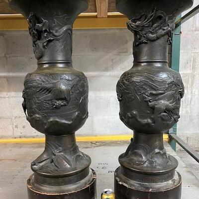 LOT#40: Pair of Believed to be Meiji Period Bronze Very Large (3 ft.) Vases/Statues