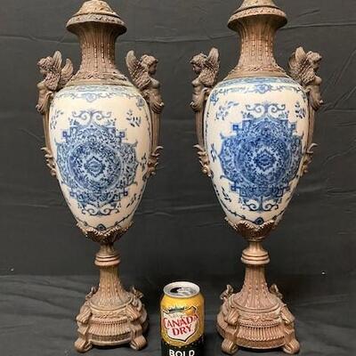 LOT#41: Pair of French Style Porcelain Capped Urns