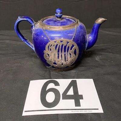 LOT#64: Glazed Cobalt Blue Porcelain Teapot with Silver Overlay