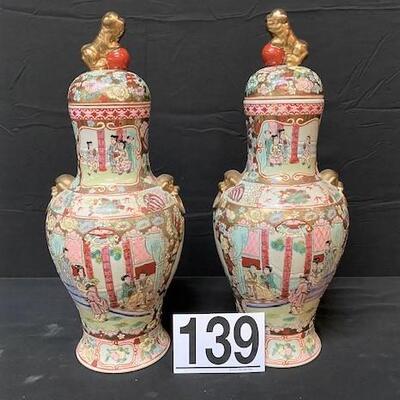 LOT#139: Pair of Chinese Lidded Porcelain Vases