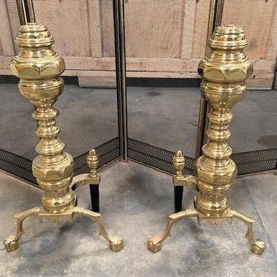 LOT#199: Fireplace Screen with Pair of High Polished Andirons