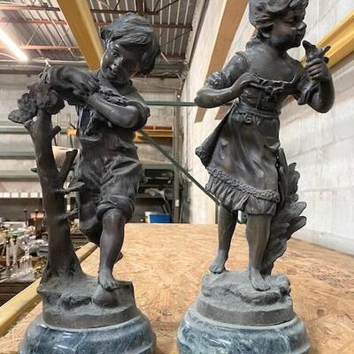 LOT#227: Bronze Juvenile Statues on Marble Base