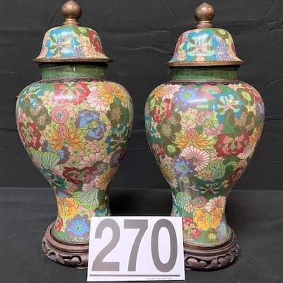 LOT#270: Antique Chinese Cloisonne Lidded Vases