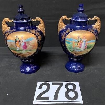 LOT#278: Pairs of Haviland Bavaria Urns with Embellished Transfers