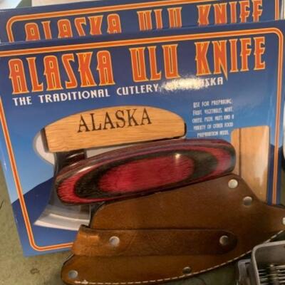 Lot 3. Assorted white kitchen dishware Alaska knives, assorted utensils, glass mixing bowls, wooden Lazy Susan, set of flatware (service...