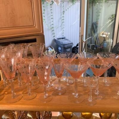 Lot 5. Antique pink etched glassware (19 pieces)--$100
