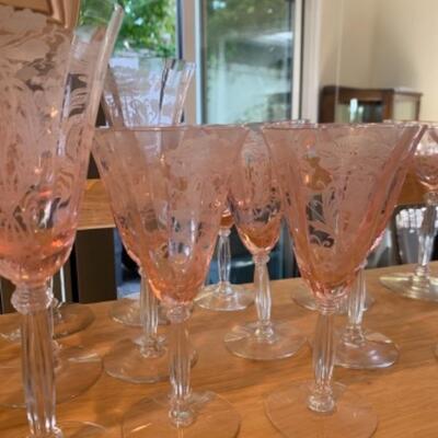 Lot 5. Antique pink etched glassware (19 pieces)--$100
