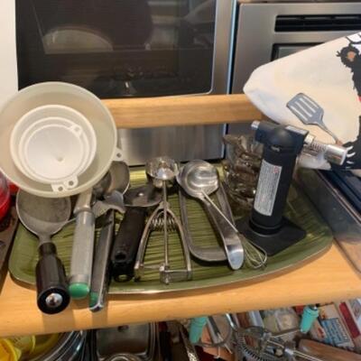 Lot 8. Assorted bakeware (some vintage), slow drip porcelain coffee pot, kitchen scale, cocktail stirrers, etc.--$65