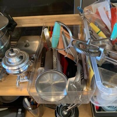 Lot 8. Assorted bakeware (some vintage), slow drip porcelain coffee pot, kitchen scale, cocktail stirrers, etc.--$65