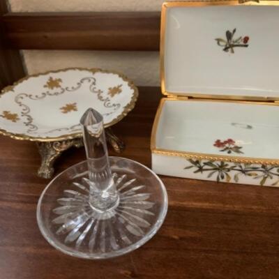 Lot 34. Porcelain table lamp, Asian figurine, bronze figure of boy, crystal decanters, bowls, porcelain candy dishes in box--$95