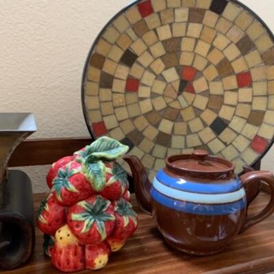Lot 35. Bronze bowl on pedestal, mosaic platter, ceramic pitchers, porcelain sugar/creamer, pitchers, Wallace silver plate ice bucket,...