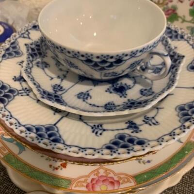 Lot 42. Large collection of ceramics, cups and saucer, deviled egg dishes, ramekins, Royal Copenhagen cup and saucers, dessert plates--$150