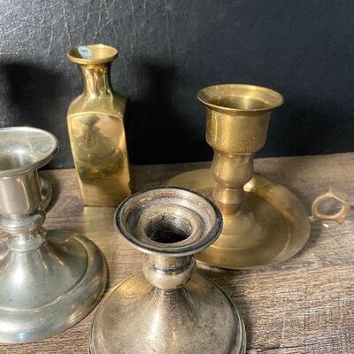 59: Pewtor, Brass, and Silverplate Candlesticks