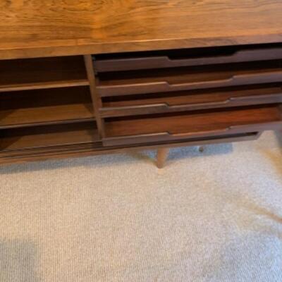 Lot 51. J. L Moller mid-century walnut credenza with trays and shelves. Measurements: 83â€ wide, 30â€ high, 19â€ deep--$1200
