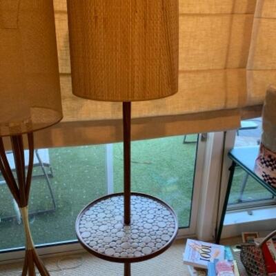 Lot 58. Lot of 3 lamps--one reading, and two wood mid-century, one with sea grass shade, one Mid-Century stool--$195