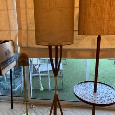 Lot 58. Lot of 3 lamps--one reading, and two wood mid-century, one with sea grass shade, one Mid-Century stool--$195