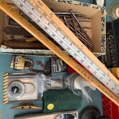 Lot 117. Vintage dental tools hardware, bell, fan, jumper cables, palm sander, etc.--$35
