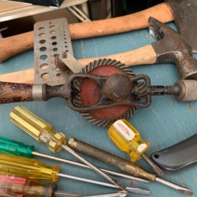 Lot 118. Small hand tools, cleaning and chemical supplies, painting supplies, vintage drill, pocket knives, etc.--$35