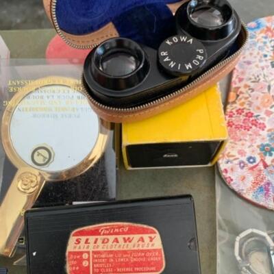 Lot 120. Travel and personal accessories, coin purses, costume jewelry, sewing kit, portable fan, large collection of scissors, compact,...